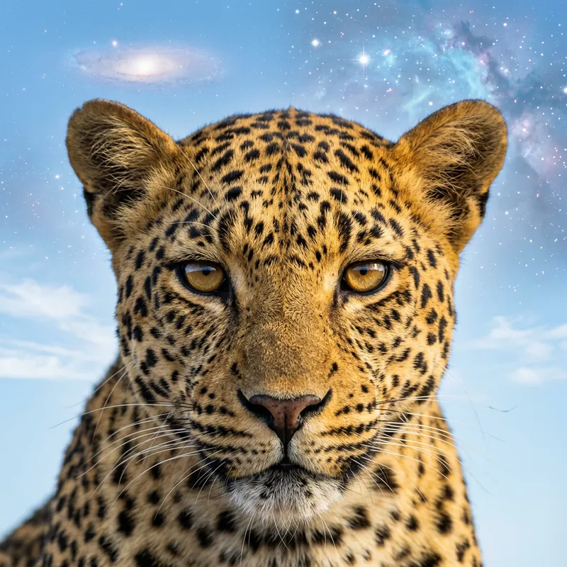 Majestic Leopard Close-Up with Cosmic Background