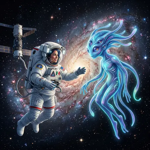 Hispanic Female Astronaut and Alien Encounter in Space