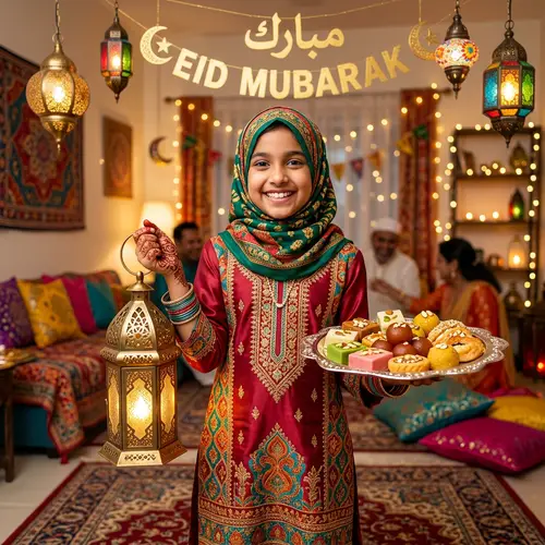 Eid Celebration: Festive Muslim Girl with Hijab and Lantern