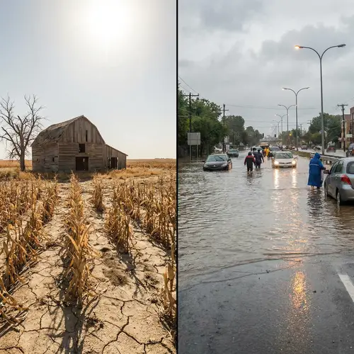 Drought-Affected Farm vs Flooded City Street - A Stark Contrast