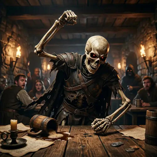 Furious Skeleton Slams Fist on Table