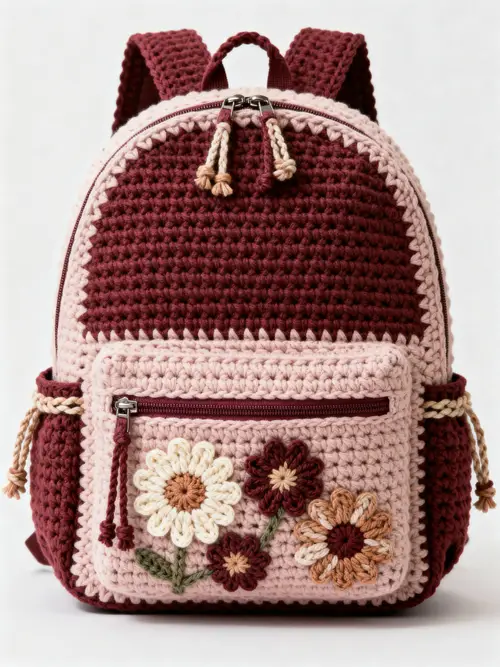Stylish Crochet Backpack with Zipper and Daisies