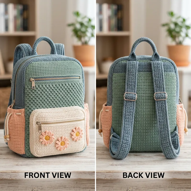 Stylish Crochet Backpack with Zipper and Daisies