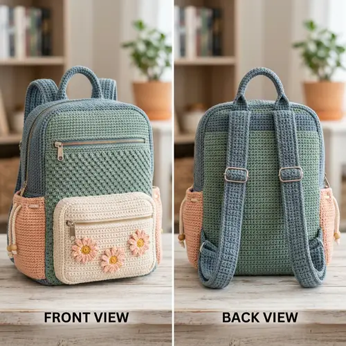 Stylish Crochet Backpack with Zipper and Daisies