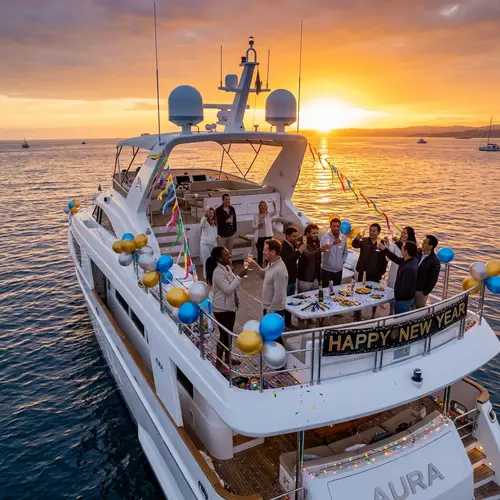 Festive New Year Celebration on Yacht | Sunlit Sea Scene