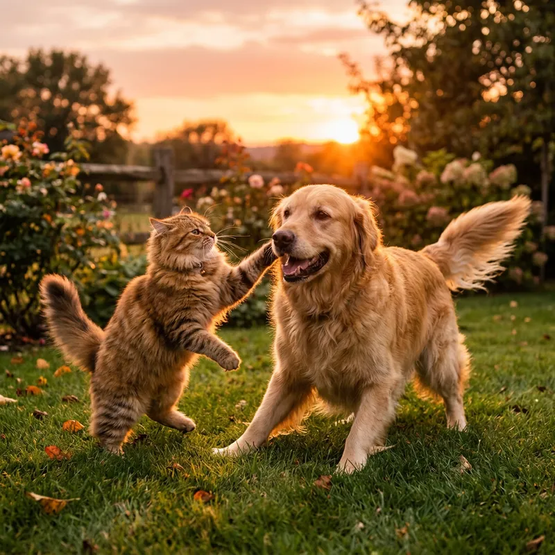 Cat And Dog Playfully Interacting Outdoors