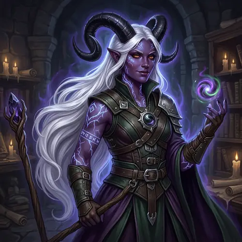 Female Tiefling Warlock with Purple Skin and White Hair
