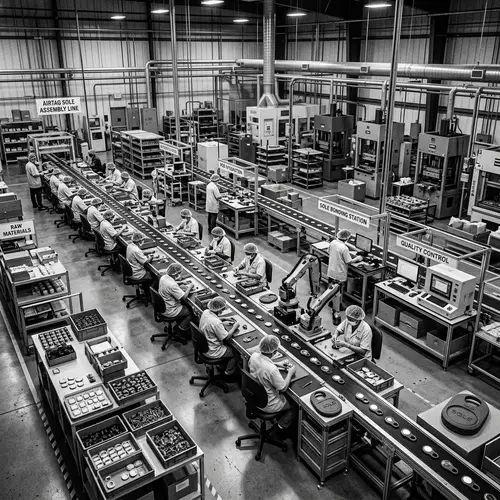 Factory Layout for Airtag Production - Black & White Design