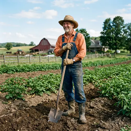 Orange Shirt Farmer with Shovel