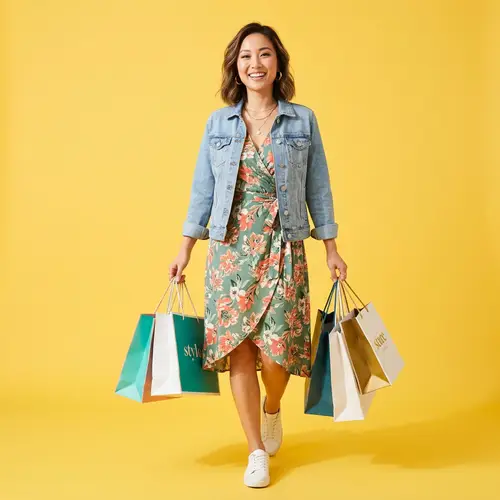 Bright Asian Woman Shopping on Yellow Background