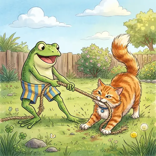 Playful Frog vs. Cat: Humorous Tug-of-War Illustration
