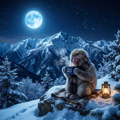 Blue Moon Over Snowy Mountain with Cocoa Monkey