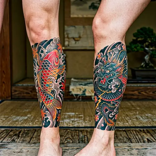Japanese Style Koi Fish and Dragon Leg Tattoos
