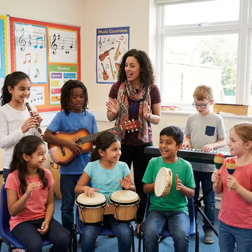 Joyful Diversity in Music Class with Children Playing Instruments