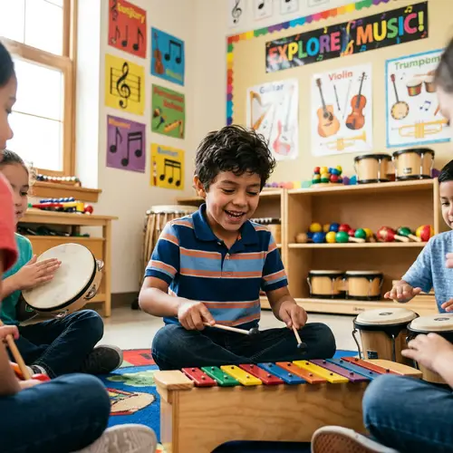 Hispanic Boy Expressing Emotion in Music Class