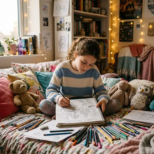 Talented Girl Artist Drawing Intricate Sketches in Cozy Room