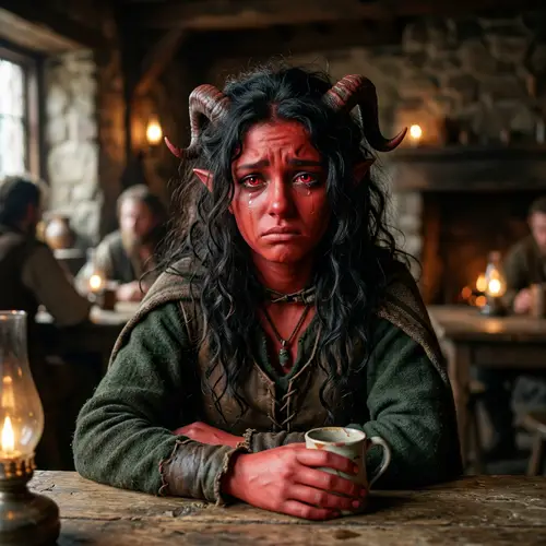 Sad Tiefling Teenager with Black Hair and Red Eyes