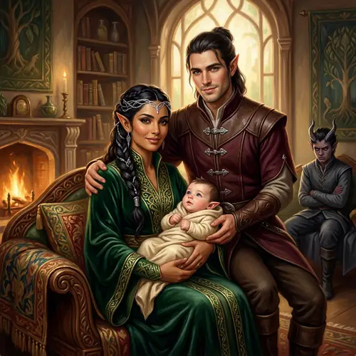 Elegant Elf Family Portrait in Warm Serenity | Fantasy Art