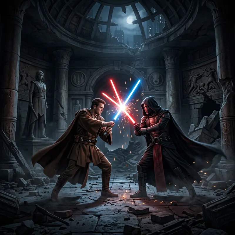 Jedi Knight vs Sith in Ruined Temple Showdown