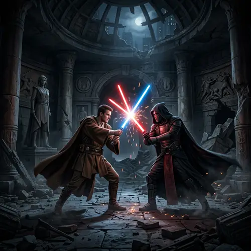 Jedi Knight vs Sith in Ruined Temple Showdown