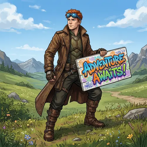 Adventure Video Game Character with Signboard