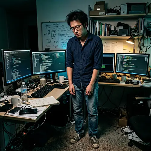 Dedicated East Asian Programmer in Disheveled Workspace