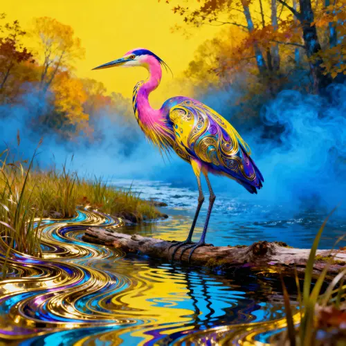 Enchanting Heron by Wavy Riverbank - Dreamy Art