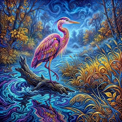 Enchanting Heron by Wavy Riverbank - Dreamy Art