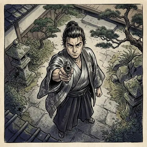 Intense Hand-Drawn Anime Scene with Male Character Holding Firearm