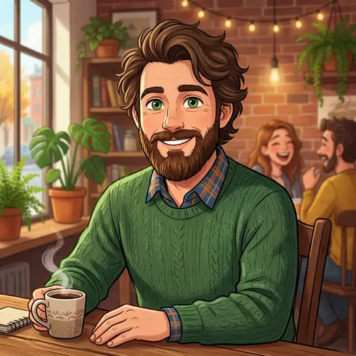 Cartoon Bearded Man with Green Eyes and Brown Hair