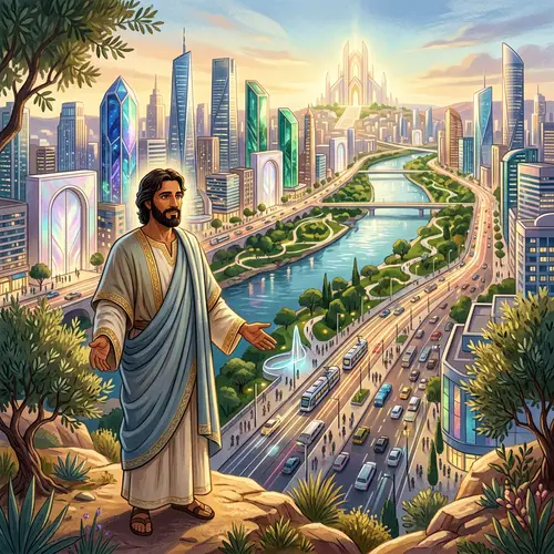 Jesus in New Jerusalem - Modern City Illustration