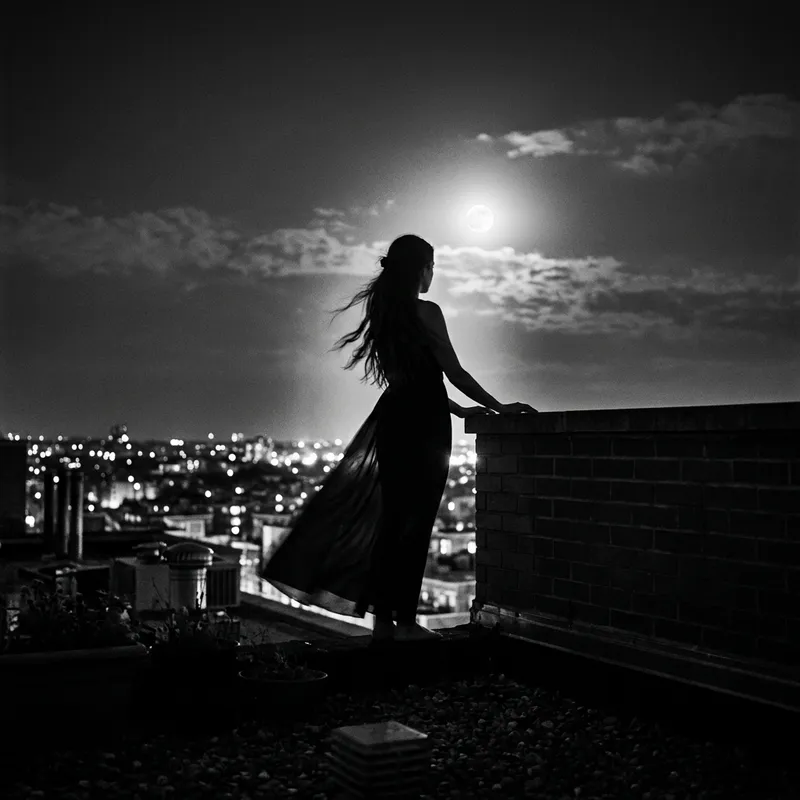Enigmatic Woman on Moonlit Rooftop