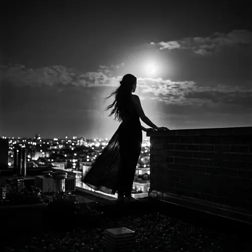 Moonlit Rooftop Scene with Enigmatic Woman