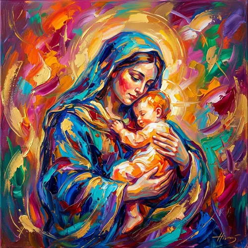 Vibrant Abstract Oil Painting of Mother Mary and Child