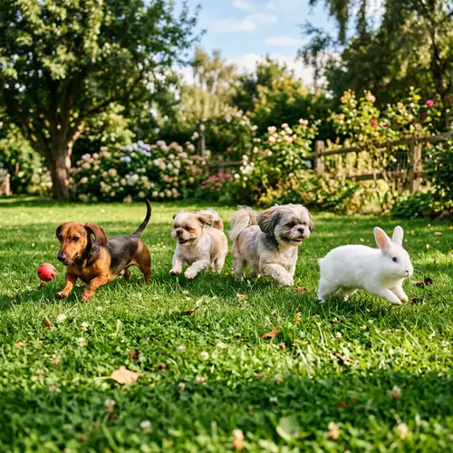 Playful Dachshund, Shih Tzus & White Rabbit on Lawn