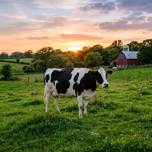 Tranquil Rural Landscape with Holstein Dairy Cow at Sunset