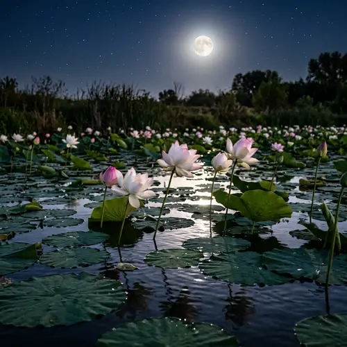 Nighttime Lotus Flowers in Moonlight