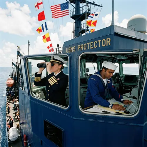 Resilient Navy Blue Ship Sailing on Serene Sea