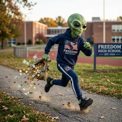 Alien Sprinting with Stolen Money in Freedom High School Gear