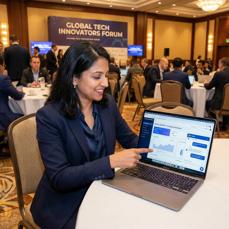 Create Realistic Image of Person Interacting with AI Web App at Business Event