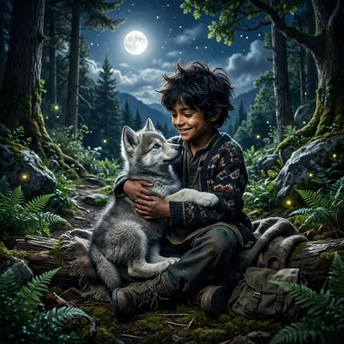 Wild South Asian Boy with Majestic Grey Wolf Pup