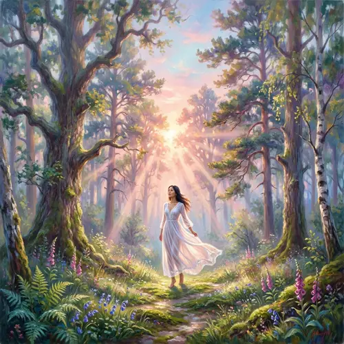 Ethereal Forest Dawn: Mystical Woman in Impressionist Style