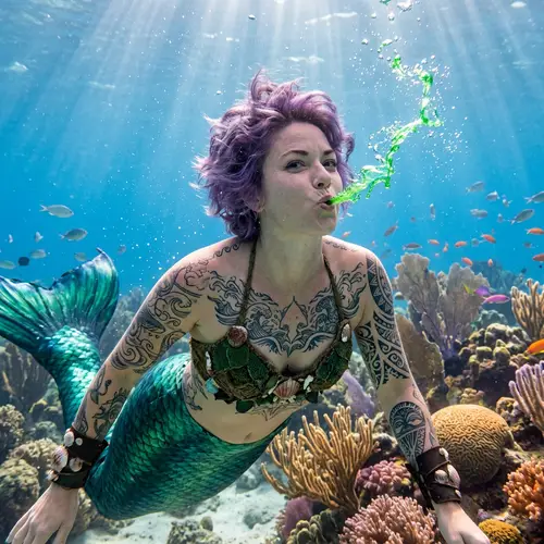 Unique Purple-Haired Mermaid Spitting Green Liquid Under Ocean Blues