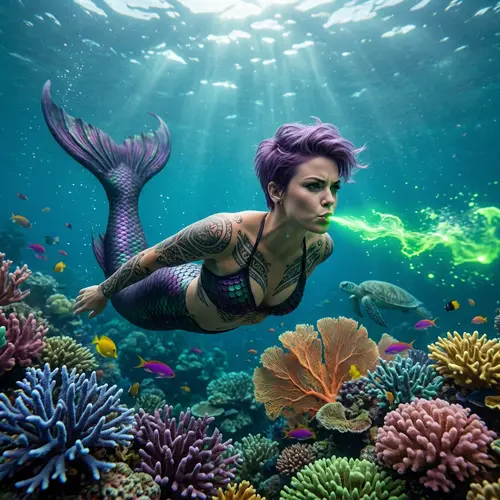 Majestic Purple-Haired Mermaid Spitting Green Liquid Underwater
