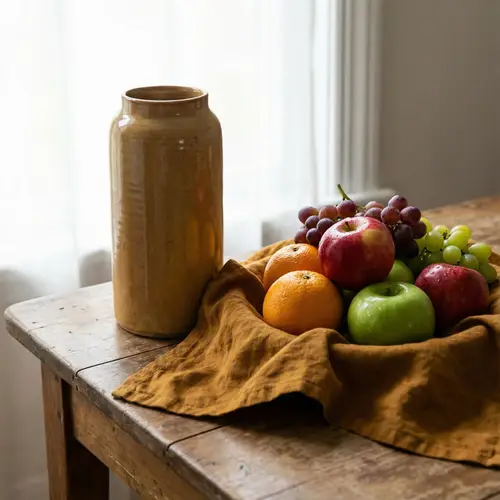 Ceramic Vase and Fresh Fruits Still Life Photo