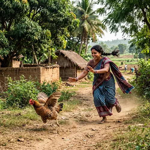South Asian Woman Chasing Hen in Traditional Attire | Rustic Countryside Scene