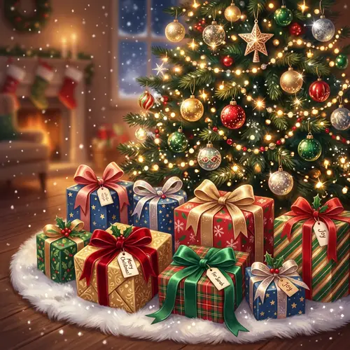 Beautifully Wrapped Christmas Presents Under Twinkling Tree