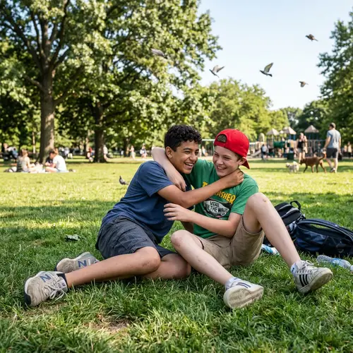 Casual Affection: Playful Scene of 14-Year-Old Boys at Sunny Park