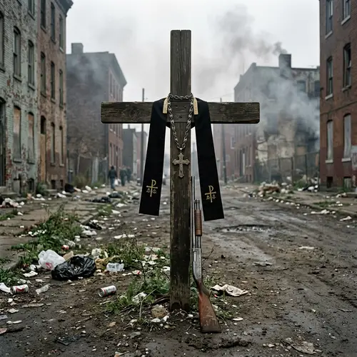 Wooden Cross with Priest's Vestment and Shotgun in Urban Slum