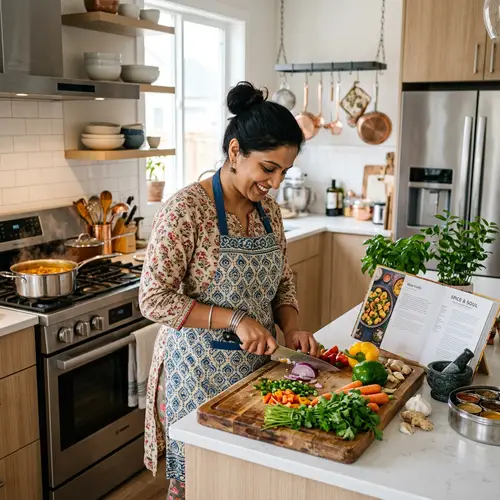 South Asian Woman Chopping Fresh Vegetables in Modern Kitchen